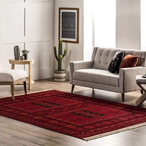 nuloom billie traditional paneled fringe area rug, 6′ 7″ x 9′, red