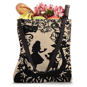 Silhouette of Alice in Wonderland and cat caterpillar rabbit Tote Bag