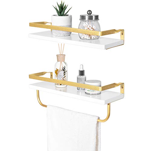 Dahey Wall Mounted Floating Shelves Storage Shelf Modern Wood and Metal Spice Rack with Towel Bar and 8 Removable Hooks for Organize Utensils Mugs Carbonized or Plant Holder Kitchen Bathroom, 2 Pack