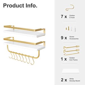 Dahey Wall Mounted Floating Shelves Storage Shelf Modern Wood and Metal Spice Rack with Towel Bar and 8 Removable Hooks for Organize Utensils Mugs Carbonized or Plant Holder Kitchen Bathroom, 2 Pack