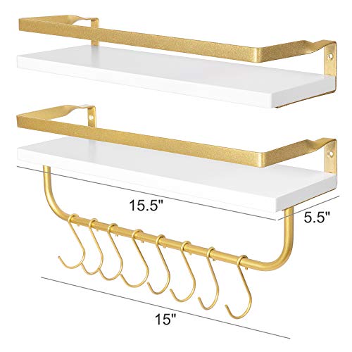 Dahey Wall Mounted Floating Shelves Storage Shelf Modern Wood and Metal Spice Rack with Towel Bar and 8 Removable Hooks for Organize Utensils Mugs Carbonized or Plant Holder Kitchen Bathroom, 2 Pack