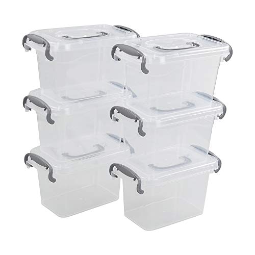 Dehouse Clear Plastic Bins/boxes with Gray Handle, Mini Plastic Storage Box Organizer, 6-Pack, 1.5 Liter