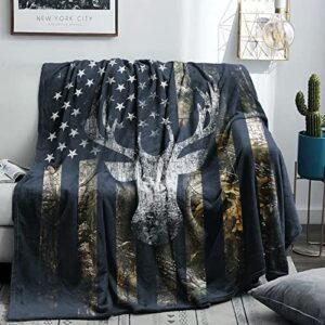 USA Camo Buck Deer Flag Hunting Blanket Throws Gift for Men,Super Soft Cozy Warm Blanket for Couch Chair Bed Sofa Office,60"X80"for Adult