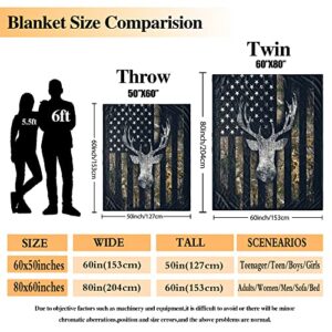 USA Camo Buck Deer Flag Hunting Blanket Throws Gift for Men,Super Soft Cozy Warm Blanket for Couch Chair Bed Sofa Office,60"X80"for Adult