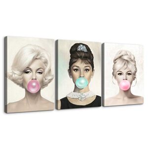 denozer 3 panel beauty portrait canvas wall art,marilyn monroe,audrey hepburn and brigitte bardot with colorful bubble gum picture prints wall decor, idol art deco for living room – 24″x32″x3 panels