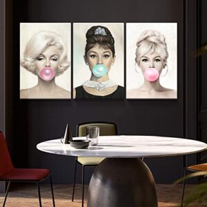 Denozer 3 Panel Beauty Portrait Canvas Wall Art,Marilyn Monroe,Audrey Hepburn and Brigitte Bardot with Colorful Bubble Gum Picture Prints Wall Decor, Idol Art Deco for Living Room - 24"x32"x3 Panels