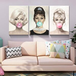 Denozer 3 Panel Beauty Portrait Canvas Wall Art,Marilyn Monroe,Audrey Hepburn and Brigitte Bardot with Colorful Bubble Gum Picture Prints Wall Decor, Idol Art Deco for Living Room - 24"x32"x3 Panels