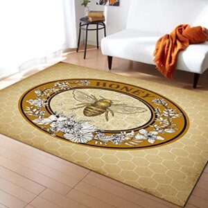 savannan area rug rectangle indoor runner rug, vintage circle flowers and bee on honeycomb background non-skid floor carpet for bedroom, play room, porch, living room, 2’x3′