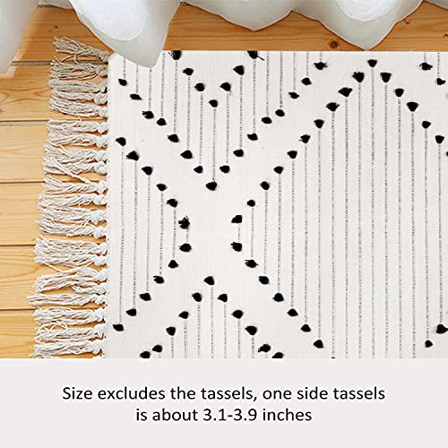 Boho Cotton Area Rug 4’ x 6’, Large Hand Woven Washable Indoor Accent Rugs, Moroccan Geometric Throw Floor Carpet for Living Room Bedroom Dining Room Home Decor,Off White