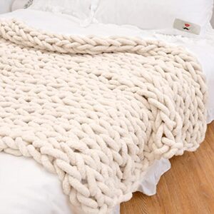 chunky knit throw blanket,soft chenille yarn big knitted throw blanket, 100% hand knit,couch throw blanket,cable knit blanket, gifts and home decor. (beige, 40”x60”)