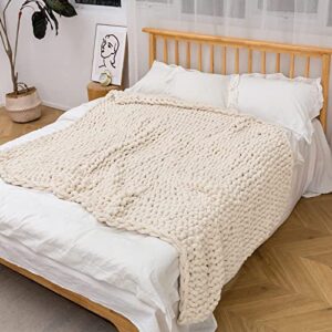 Chunky Knit Throw Blanket,Soft Chenille Yarn Big Knitted Throw Blanket, 100% Hand Knit,Couch Throw Blanket,Cable Knit Blanket, Gifts and Home Decor. (Beige, 40''x60'')