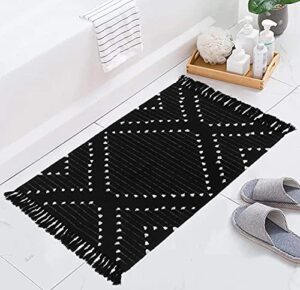boho cotton bathroom rugs 2′ x 3′, black and white small woven bath mats with tassels, soft washable geometric kitchen rug decorative floor carpets for laundry room entryway indoors