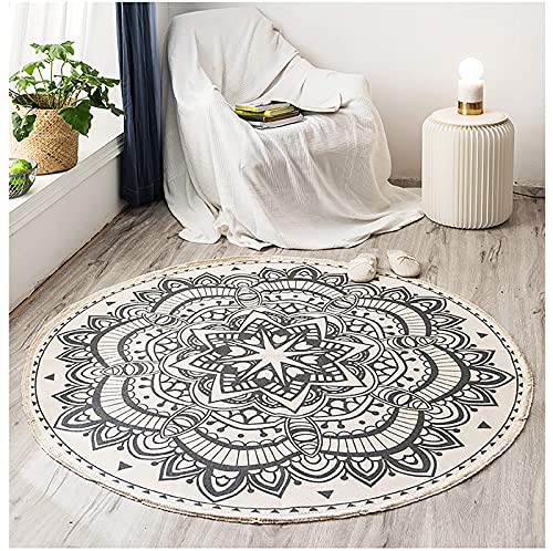 Jucoan 4Ft Round Cotton Area Rug, Chic Decorative Boho Mandala Circle Rug with Tassels, Washable Indoor Floor Throw Area Rug for Living Room, Kid Playroom, Nursery Room