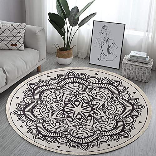 Jucoan 4Ft Round Cotton Area Rug, Chic Decorative Boho Mandala Circle Rug with Tassels, Washable Indoor Floor Throw Area Rug for Living Room, Kid Playroom, Nursery Room