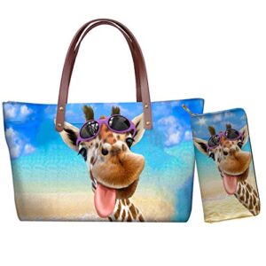 wellflyhom beach giraffe handbags for women shoulder bags tote satchel hobo 2pcs tote purse and wallet set for school work casual top handle bag with zipper
