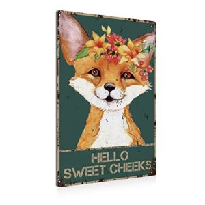 rustic bathroom metal tin sign wall decor – vintage bathroom quote hello sweet cheeks fox tin sign for toilet restroom home decor gifts