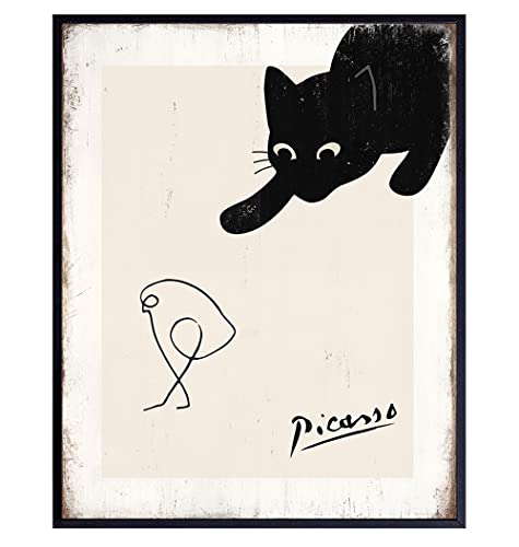 Pablo Picasso Wall Art & Decor - Cat Wall Decor - Cute Cat Lover Gifts for Women - Abstract art Minimalist Mid-century modern Line art - Gallery Wall Art - Rustic Black cat Home Decor - Picasso Poster