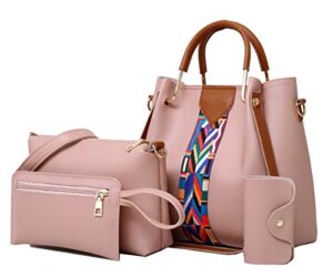 rullar women handbag set 4 in 1 top handle bag soft pu leather tote satchel stitching shoulder clutch bag purse wallet pink
