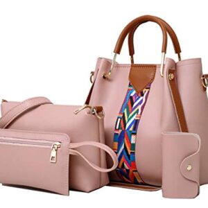 Rullar Women Handbag Set 4 in 1 Top Handle Bag Soft PU Leather Tote Satchel Stitching Shoulder Clutch Bag Purse Wallet Pink