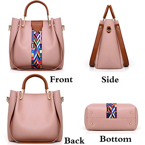 Rullar Women Handbag Set 4 in 1 Top Handle Bag Soft PU Leather Tote Satchel Stitching Shoulder Clutch Bag Purse Wallet Pink