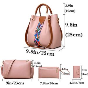 Rullar Women Handbag Set 4 in 1 Top Handle Bag Soft PU Leather Tote Satchel Stitching Shoulder Clutch Bag Purse Wallet Pink