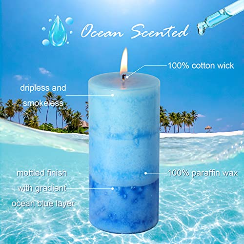 Petristrike Ocean Scented Pillar Candles,60+ Hrs Long Burning Candles, Set of 3 Blue Candles for Home Scented (3x6'')