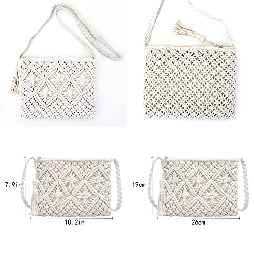 Meyaus Women Small Fringed Cotton Crochet Cross-body Shoulder Bag Bohemian Beach Travel Purse