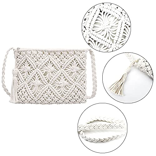 Meyaus Women Small Fringed Cotton Crochet Cross-body Shoulder Bag Bohemian Beach Travel Purse