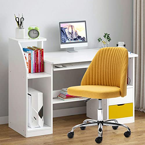 HOMEFLA Home Office Chair, Modern Linen Fabric Chair Adjustable Swivel Task Chair Mid-Back Cute Upholstered Armless Computer Desk Chair with Wheels for Bedroom Studying Room Vanity Room (Yellow)