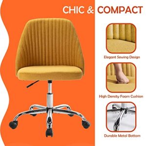 HOMEFLA Home Office Chair, Modern Linen Fabric Chair Adjustable Swivel Task Chair Mid-Back Cute Upholstered Armless Computer Desk Chair with Wheels for Bedroom Studying Room Vanity Room (Yellow)