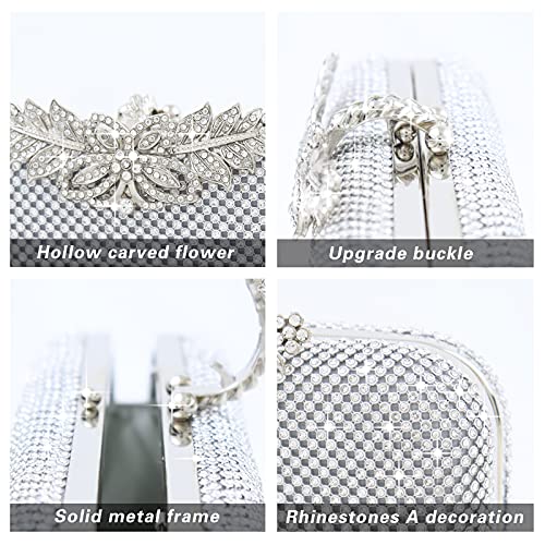 topfive Silver Clutch Purses for Women Evening Bag Rhinestones Clutch Crystal Purse Party Bag with Flora Clasp Wedding Prom