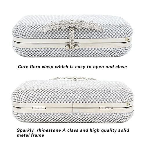 topfive Silver Clutch Purses for Women Evening Bag Rhinestones Clutch Crystal Purse Party Bag with Flora Clasp Wedding Prom