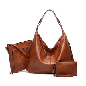 hobo bags for women fashion shoulder bag tote satchel hobo handbags purse set (brown -3pcs)