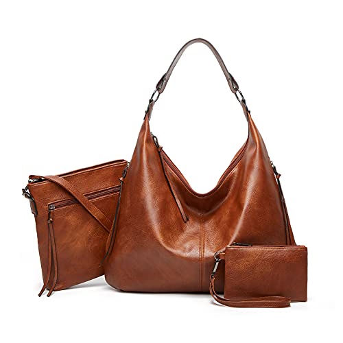 Hobo bags for women Fashion Shoulder Bag Tote Satchel Hobo Handbags Purse Set (Brown -3pcs)