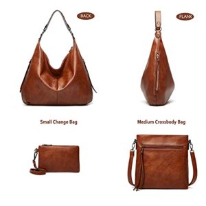 Hobo bags for women Fashion Shoulder Bag Tote Satchel Hobo Handbags Purse Set (Brown -3pcs)