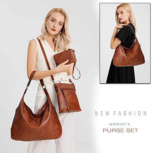 Hobo bags for women Fashion Shoulder Bag Tote Satchel Hobo Handbags Purse Set (Brown -3pcs)