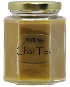 just makes scents chai tea scented candle | gourmet tea leaves, rich spices, and vanilla soy milk | hand poured in the usa