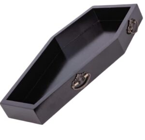 stand & delivered gothic coffin tray, spooky decorative wooden goth home decor tray for holding crystals, jewelry, candles, creepy serving tray for kitchen, bathroom, bedroom and entryway, black