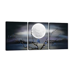 zlove 3 pieces love birds tree branch canvas wall art full moon blue bird tree landscape picture print for modern home bedroom decor stretched and framed ready to hang 12x16inchx3pcs