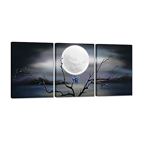 Zlove 3 Pieces Love Birds Tree Branch Canvas Wall Art Full Moon Blue Bird Tree Landscape Picture Print for Modern Home Bedroom Decor Stretched and Framed Ready to Hang 12x16inchx3pcs