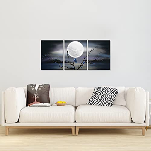 Zlove 3 Pieces Love Birds Tree Branch Canvas Wall Art Full Moon Blue Bird Tree Landscape Picture Print for Modern Home Bedroom Decor Stretched and Framed Ready to Hang 12x16inchx3pcs