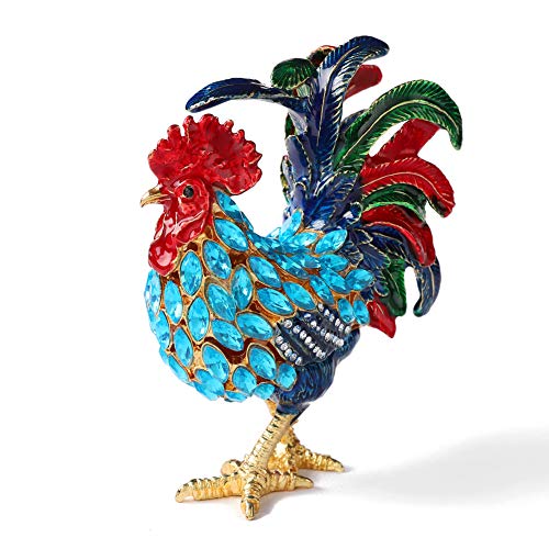 Furuida Rooster Trinket Boxes Hinged Enameled Jewelry Box Hand-Painted Animals Ornaments Craft Gift for Home Decor (Blue)