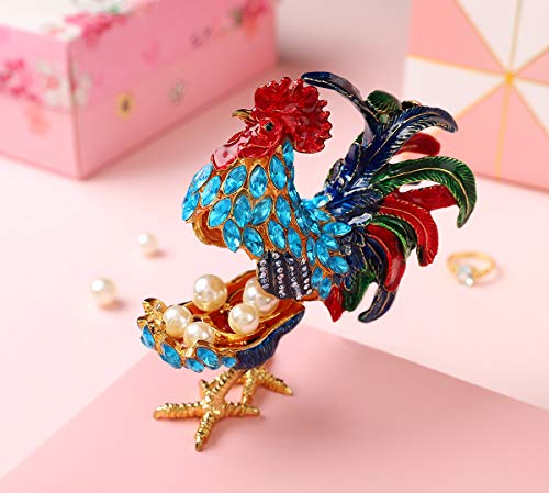 Furuida Rooster Trinket Boxes Hinged Enameled Jewelry Box Hand-Painted Animals Ornaments Craft Gift for Home Decor (Blue)