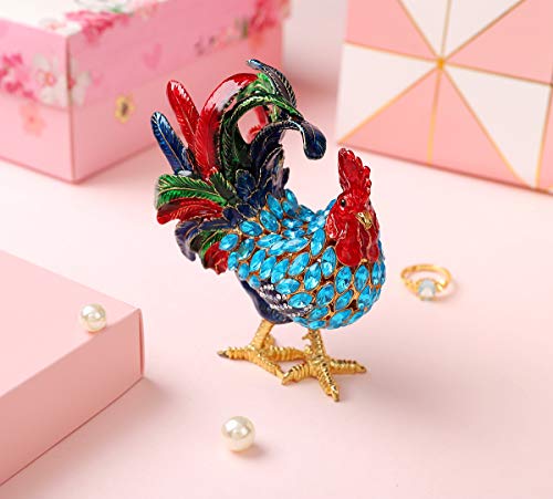 Furuida Rooster Trinket Boxes Hinged Enameled Jewelry Box Hand-Painted Animals Ornaments Craft Gift for Home Decor (Blue)