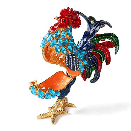 Furuida Rooster Trinket Boxes Hinged Enameled Jewelry Box Hand-Painted Animals Ornaments Craft Gift for Home Decor (Blue)