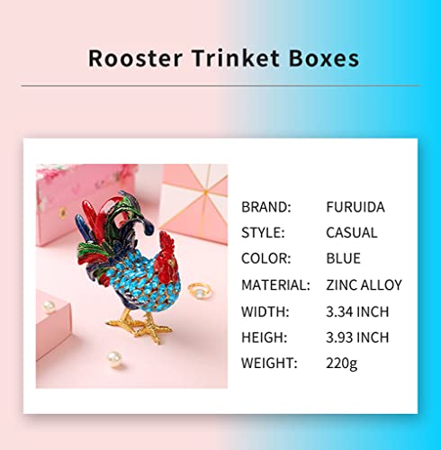 Furuida Rooster Trinket Boxes Hinged Enameled Jewelry Box Hand-Painted Animals Ornaments Craft Gift for Home Decor (Blue)