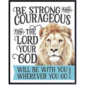 Be Strong and Courageous Wall Art - Lion Religious Scripture Decor - Christian Bible Verse Gifts for Men, Boys Bedroom, Teen Room - Motivational, Positive, Inspirational Quotes - Blessed Wall Decor