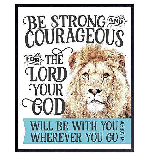 Be Strong and Courageous Wall Art - Lion Religious Scripture Decor - Christian Bible Verse Gifts for Men, Boys Bedroom, Teen Room - Motivational, Positive, Inspirational Quotes - Blessed Wall Decor