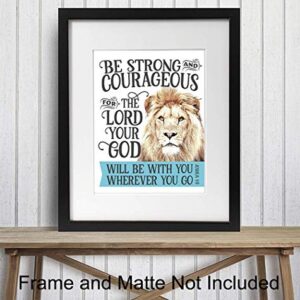 Be Strong and Courageous Wall Art - Lion Religious Scripture Decor - Christian Bible Verse Gifts for Men, Boys Bedroom, Teen Room - Motivational, Positive, Inspirational Quotes - Blessed Wall Decor