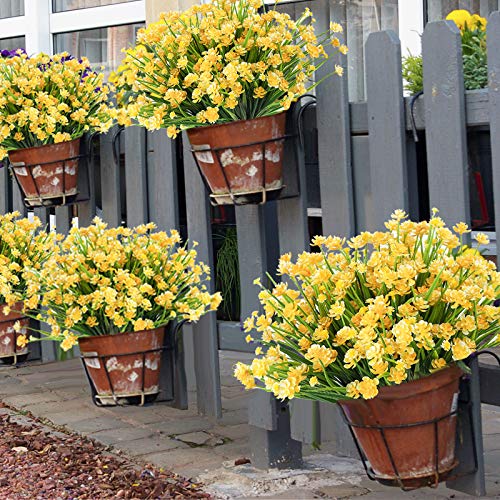 Whonline 12pcs Artificial Fall Flowers for Outdoors Plastic UV Resistant Shrubs Plants for Garden Wedding Farmhouse Indoor Outdoor Decor(Yellow)